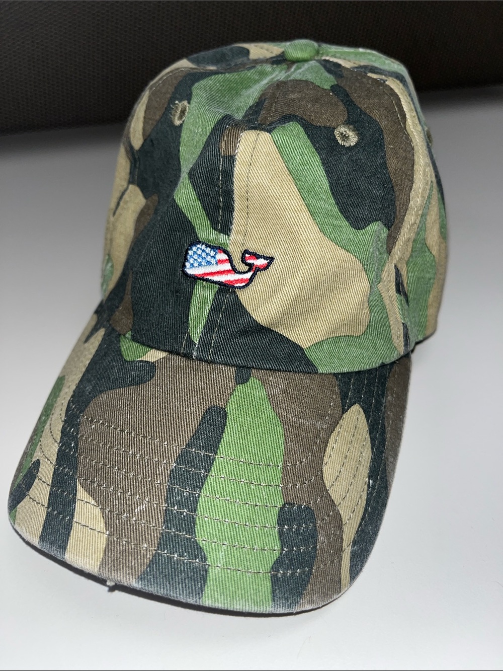 Vineyard Vines Camo Baseball Cap with American Flag Whale Patch - Green Camo